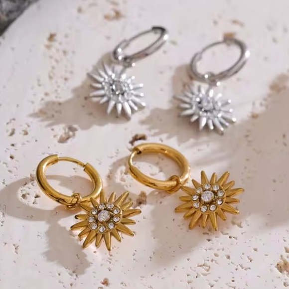 Sunburst 18K Gold Stainless Steel Hoop Earrings - Picture 4 of 9